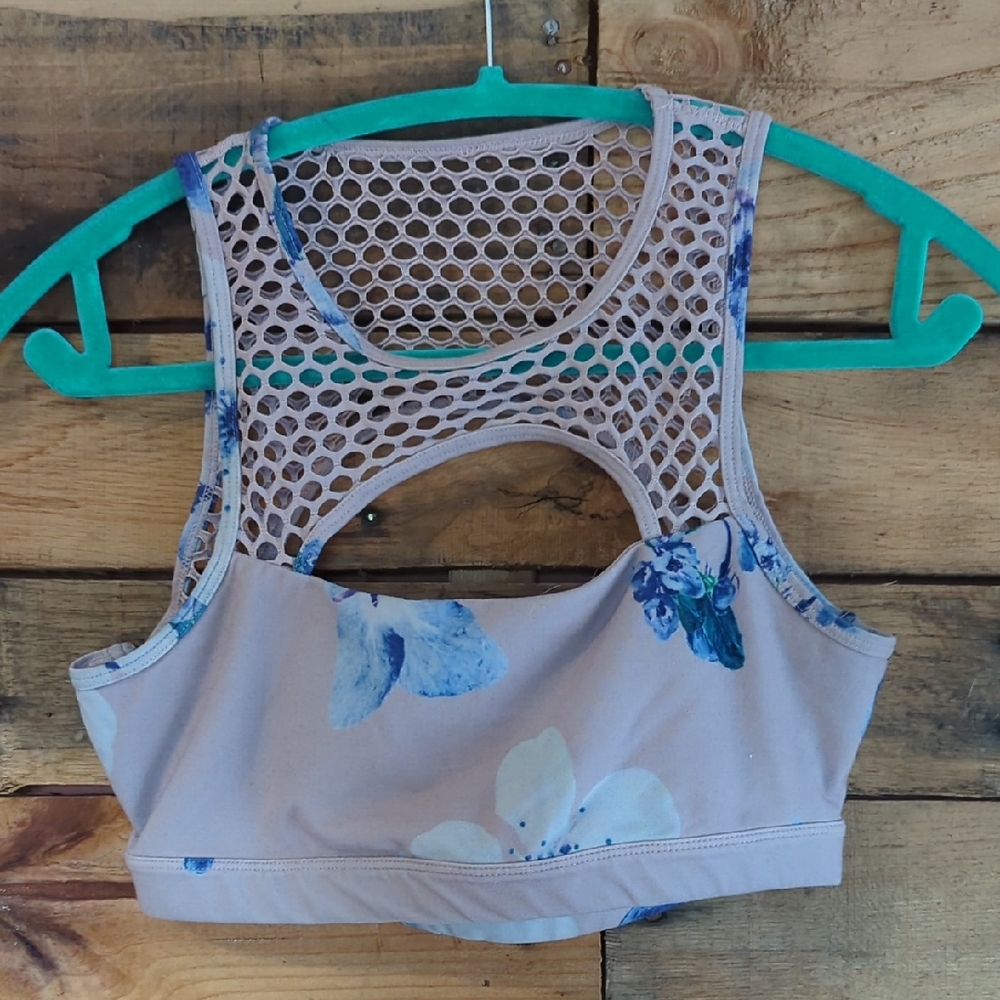 POPFLEX Floral Mesh Sports Bra - Blue and Cream
